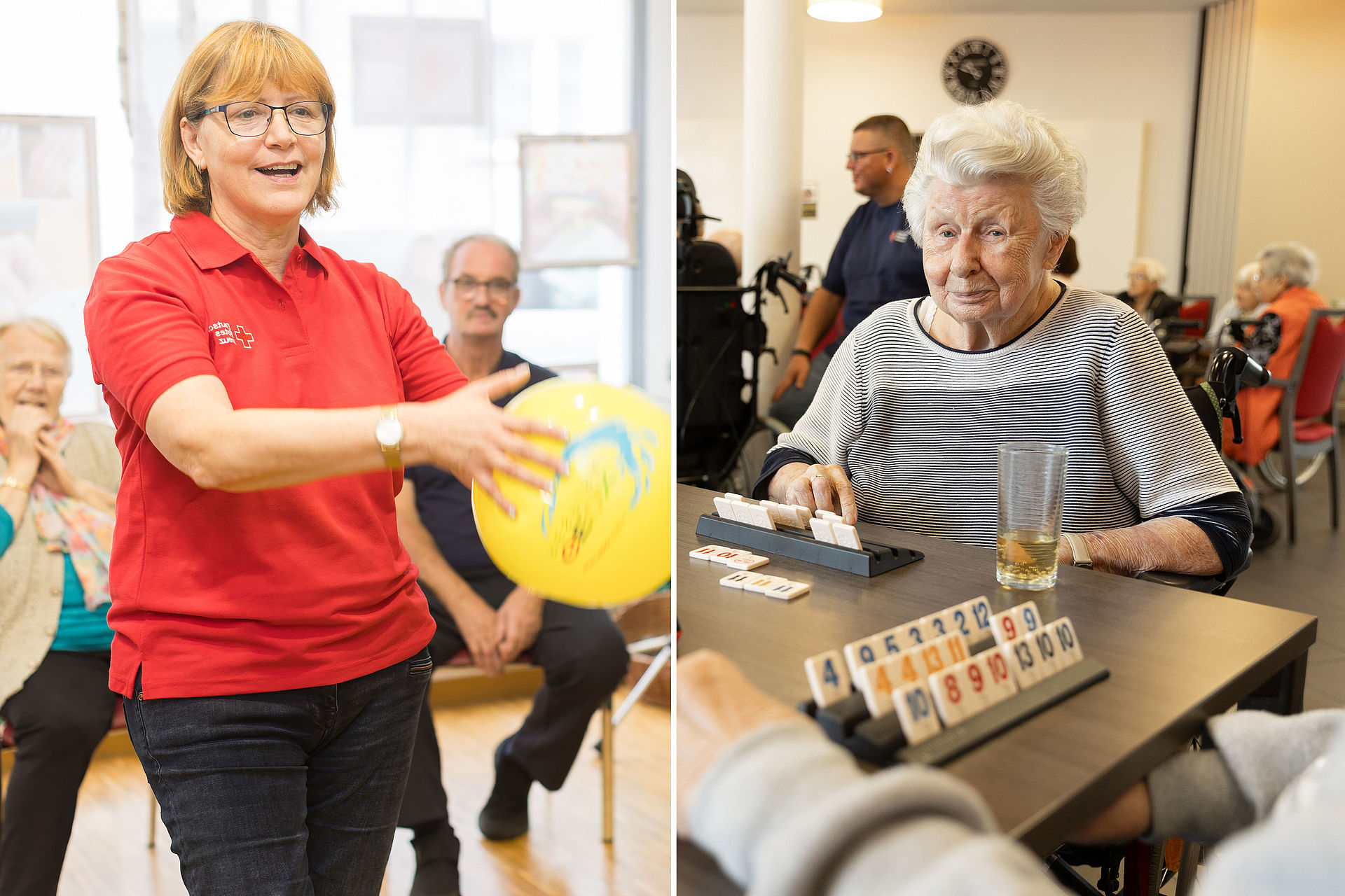 Ehrenamtliche bei Seniorentreff mit einem Ball und eine Seniorin bei Brettspielen
