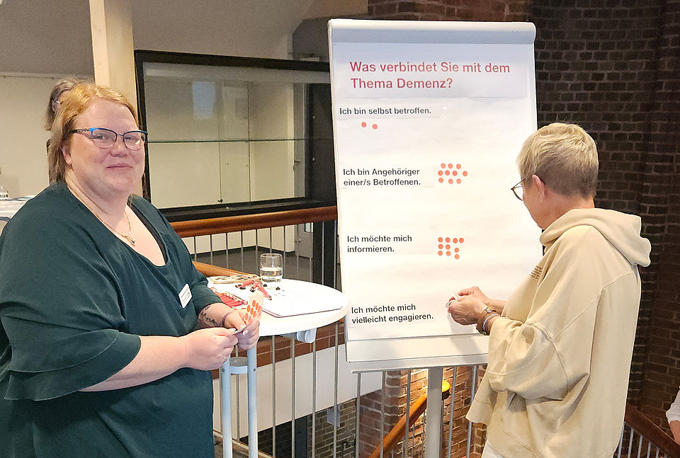 Demenz-Infoabend Auf einem Flipchart können die Gäste Markierungen setzen, um zu verdeutlichen, warum sie heute hier sind - Angehöriger? Betroffener? Interessierter?