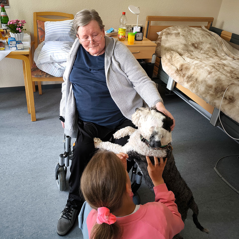 Tierischer Besuchstag: Seniorin im Rollstuhl streichelt den Hund, davor hockt das 12-jährige Mädchen