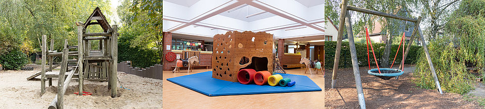Kita Rellingen-Krupunder 3 3er-Ansicht mit Spielturm, Nestschaukel und Toberaum.