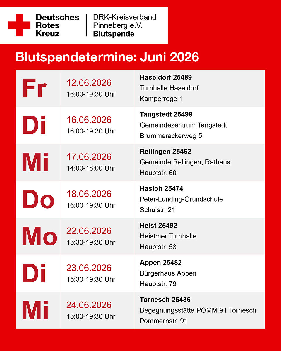 Auflistung aller Blutspendetermine des Monats - Termine können auch abgefragt werden auf www.drk-blutspende.de