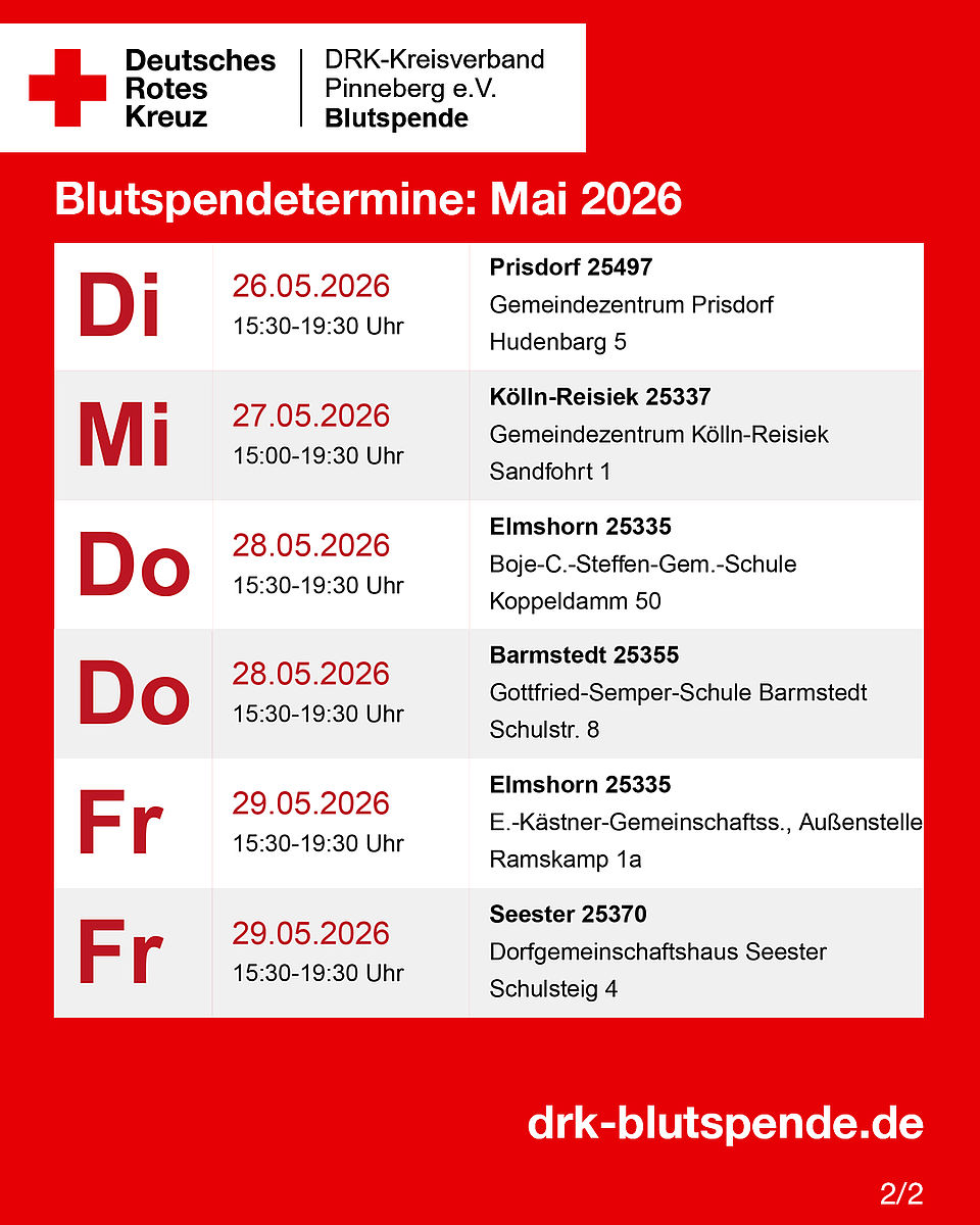 Auflistung aller Blutspendetermine des Monats - Termine können auch abgefragt werden auf www.drk-blutspende.de