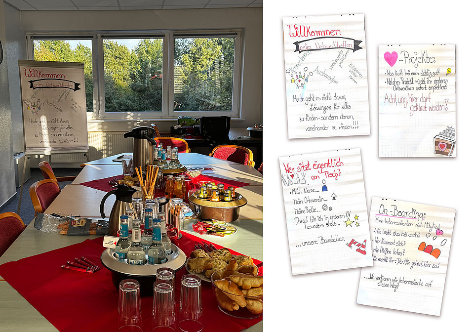 Netzwerktreffen 9.2026 Ein Blick in den Meetingraum des Netzwerktreffens mit einem gedeckten Tisch und Flipcharts