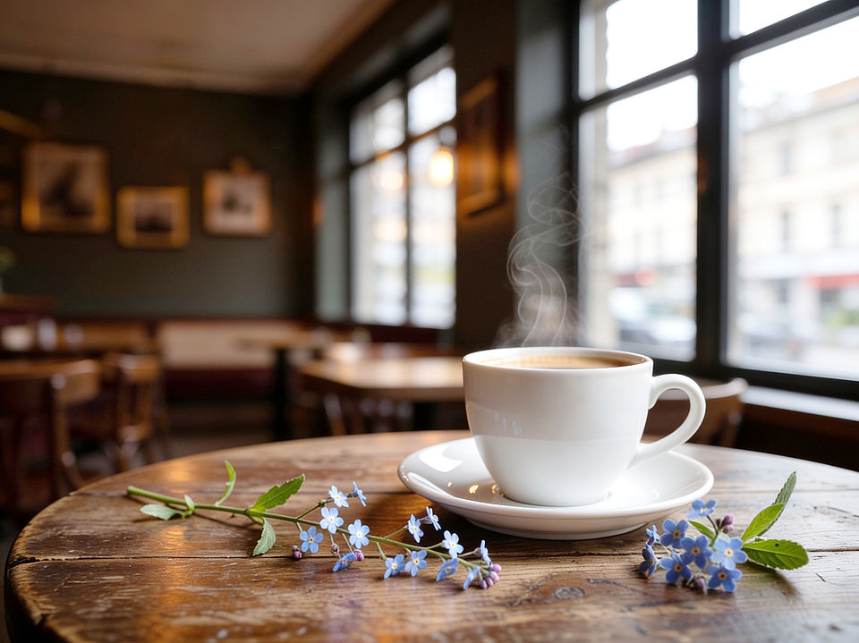 Symbolbild für das Café: Eine Kaffetasse auf dem Tisch in einem Café, im Vordergrund liegt ein Zweig VergissMeinNicht